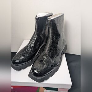 Katy Perry Combat Boot Square  DAARLING Wrinkle Black Leather Front Zip Black